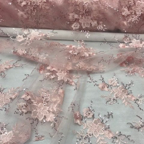 Pink Sequin Lace Fabric With Embroideries On Mesh - Pink Embroidered Sequin Lace, 54" Width