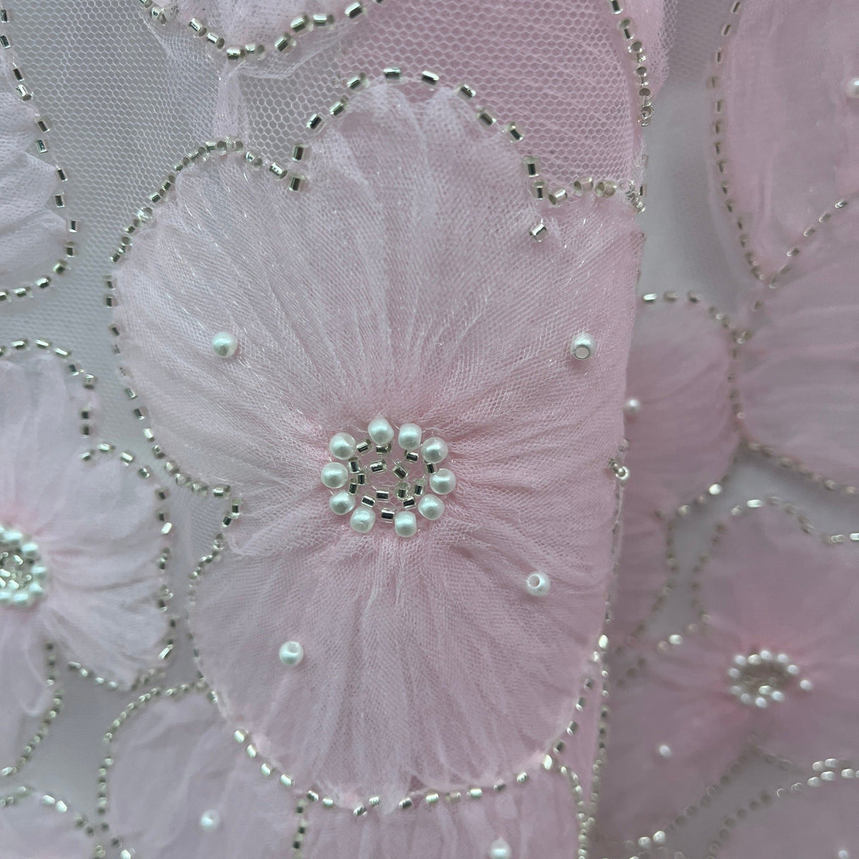 Beaded 3D Floral Lace Fabric - 3D Floral Embroidered Net Mesh, 52" Wide (1 Yard)