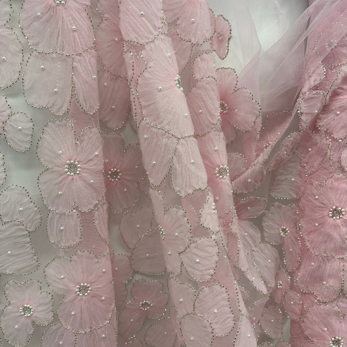 Beaded 3D Floral Lace Fabric - 3D Floral Embroidered Net Mesh, 52" Wide (1 Yard)