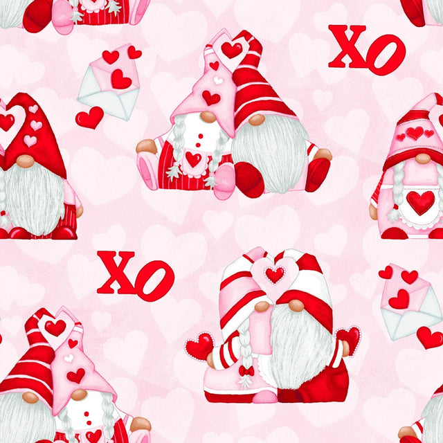 Quilting Cotton Pink Hugging Gnomes Henry Glass Valentine