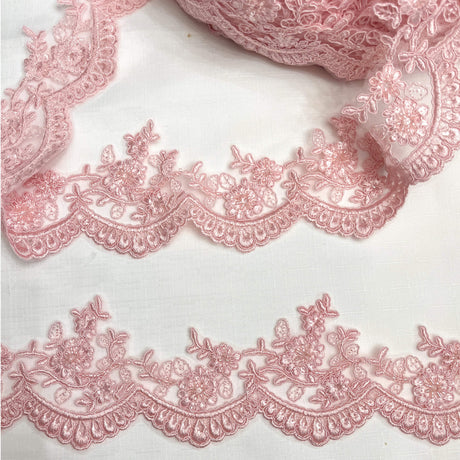 Beaded Corded Floral Lace Trim 4" Wide