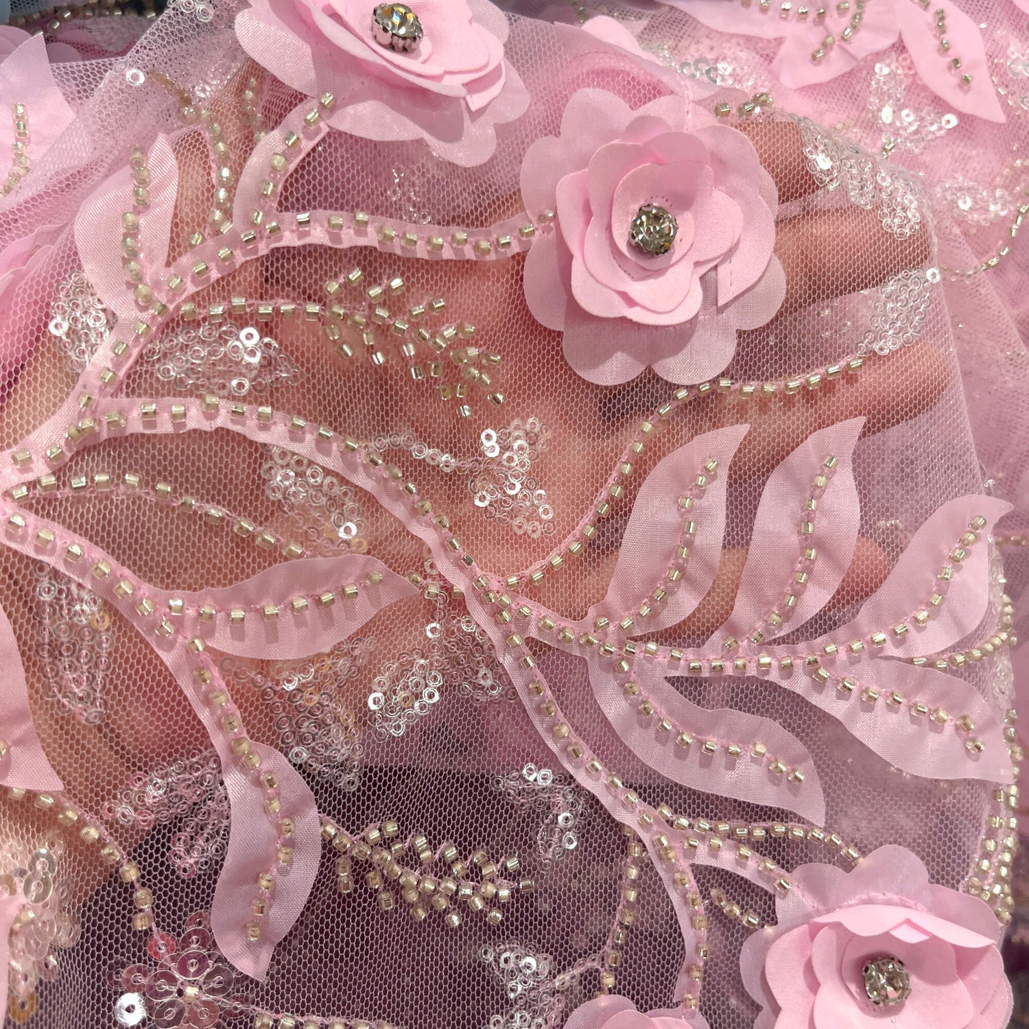 GD-229 Beaded Sequined 3D Floral Lace Fabric - 3D Floral Embroidery, 52" Width (1 Yard)
