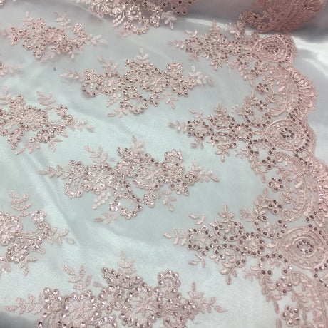 Pink Sequin Lace Fabric With Embroideries On Mesh - Pink Embroidered Mesh, 54" Width (1 Yard)