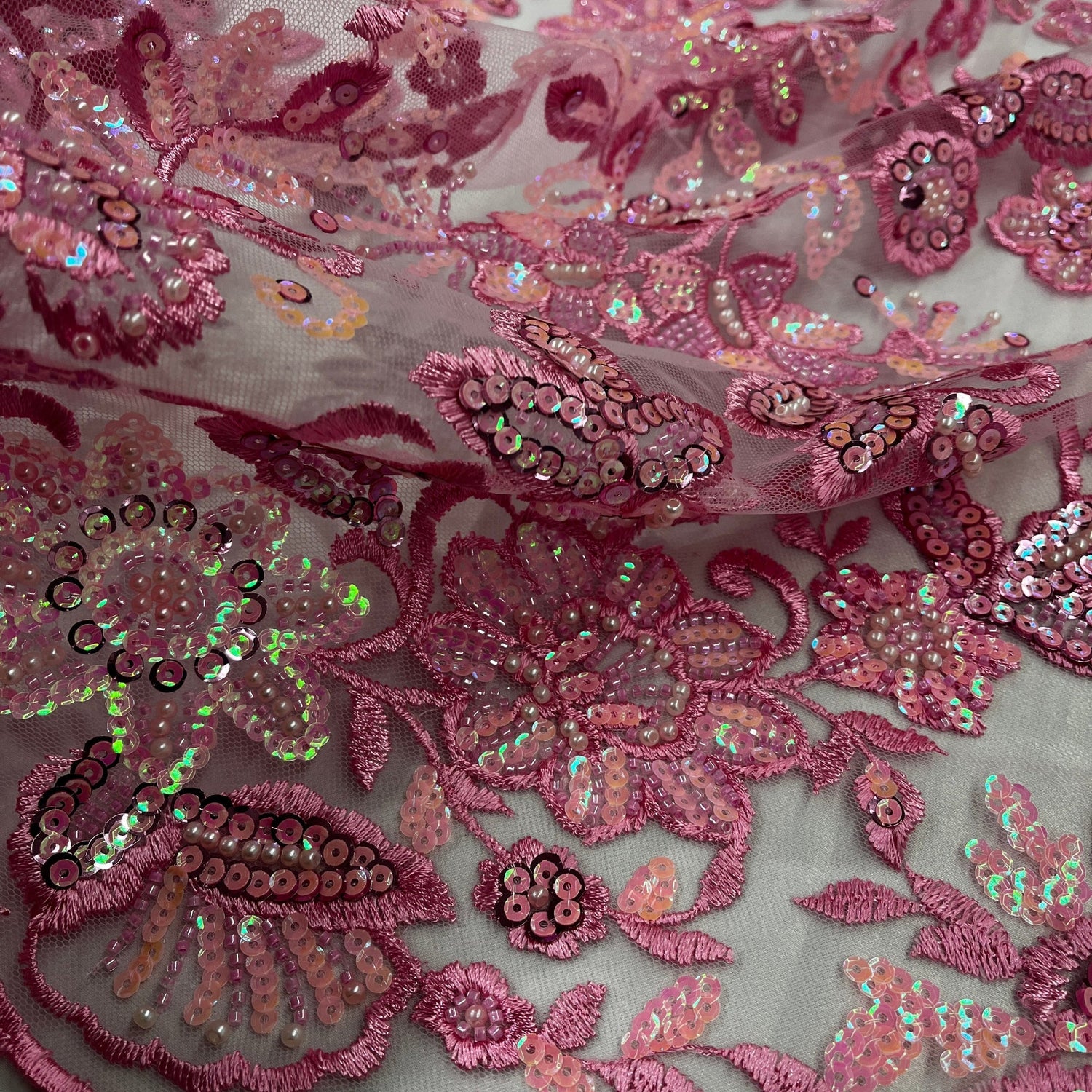 Beaded Sequined Floral Lace Fabric