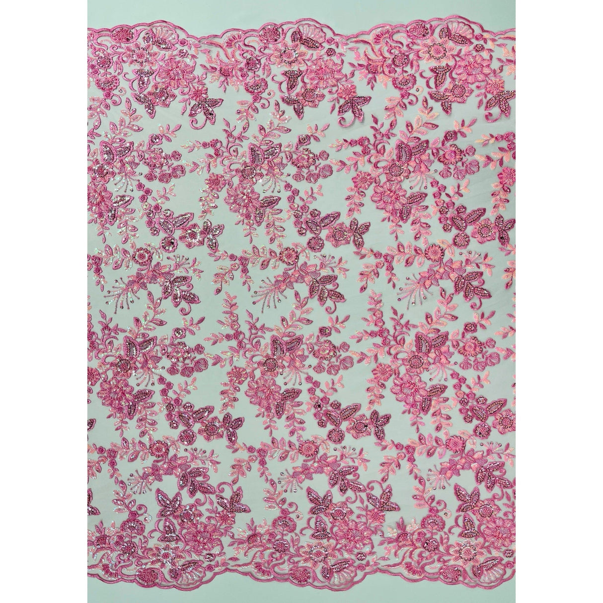 Beaded Sequined Sparkling Floral Lace Fabric - Floral Scalloped Edges, 51" Width (1 Yard)