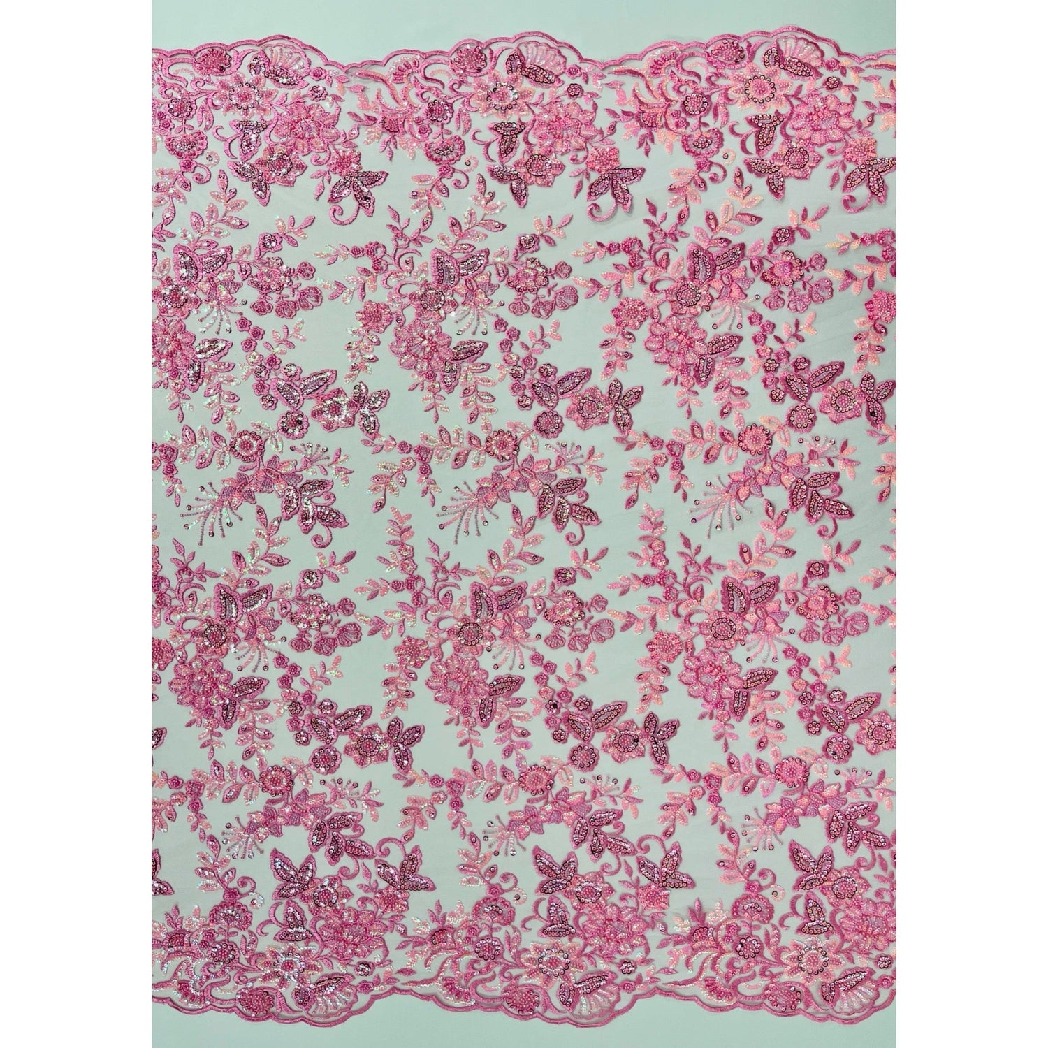 Beaded Sequined Sparkling Floral Lace Fabric - Floral Scalloped Edges, 51" Width (1 Yard)
