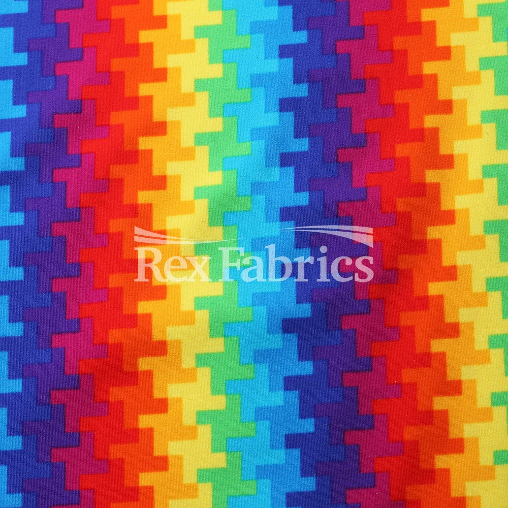 Pixel Pop Nylon Spandex Fabric - Rainbow Pixel Pattern, Multicolor, 58/60" Width (1 Yard)