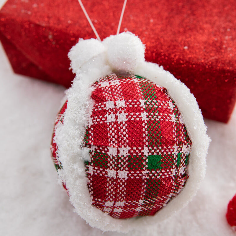 Plaid Ball Ornament with Fur Edge 5 Inch Cozy Christmas Decor