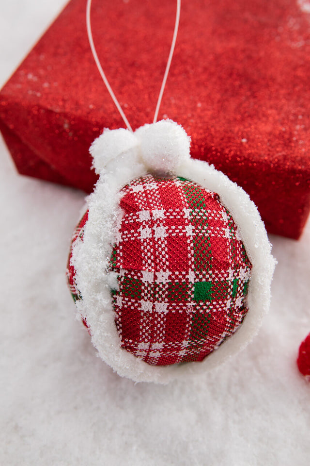 5” Glitter Fur Edge Plaid Ball Ornament