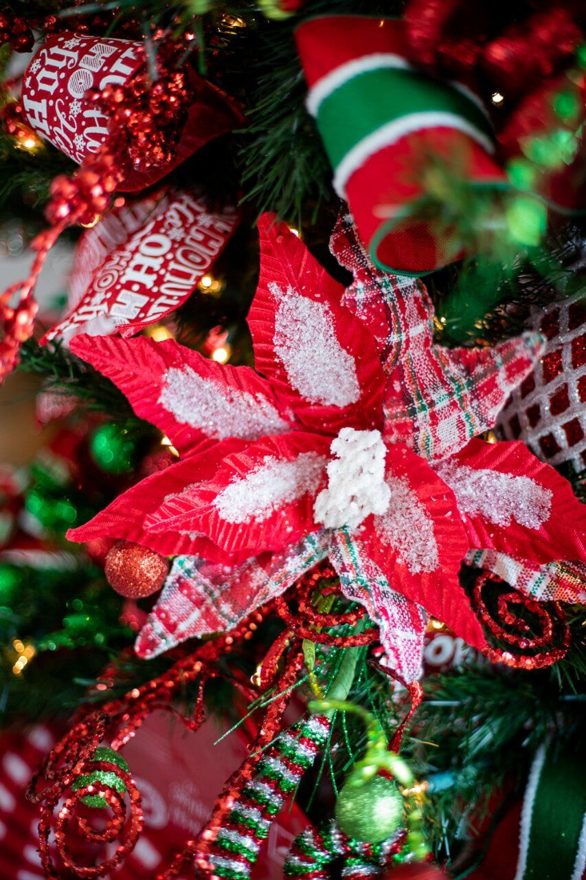 34 Inch x 13 Inch Frost Snowflake Plaid Velvet Poinsettia Stem