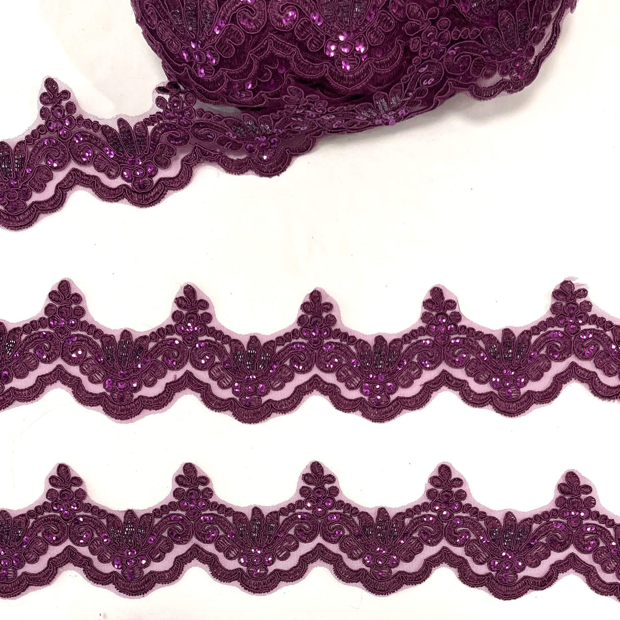 Beaded Corded Lace Trim on Polyester Net Mesh 3" Wide