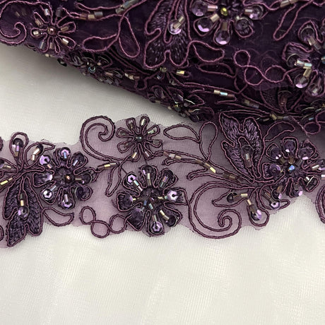 Beaded Corded Lace Trim on Polyester Organza