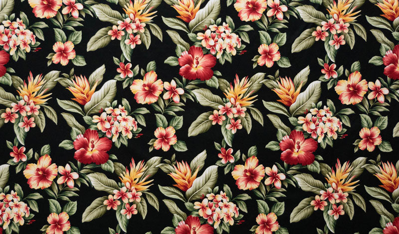 Plumeria Hibiscus Banana Leaf 100 Percent Cotton Fabric - Black, Beige Tropical Floral Print, 56"-58" Width (1 Yard)