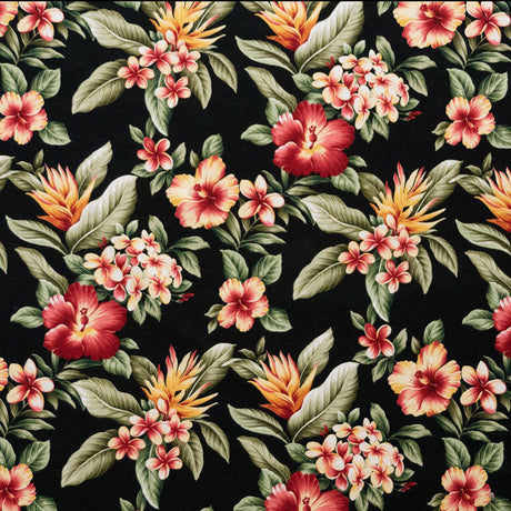 Plumeria Hibiscus Banana Leaf 100 Percent Cotton Fabric - Black, Beige Tropical Floral Print, 56"-58" Width (1 Yard)