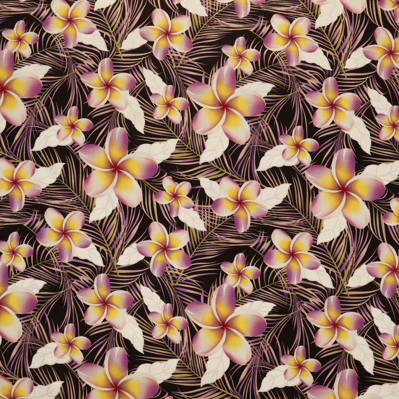 Plumeria Palm Rayon Fabric - Purple, Green, Red, Pink Tropical Floral Print, 45" Width (1 Yard)