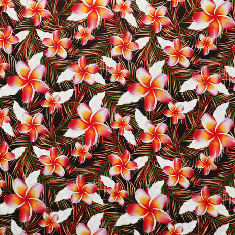 Plumeria Palm Rayon Fabric - Tropical Floral Palm Print, 45" Width, Purple/Green/Red/Pink (1 Yard)