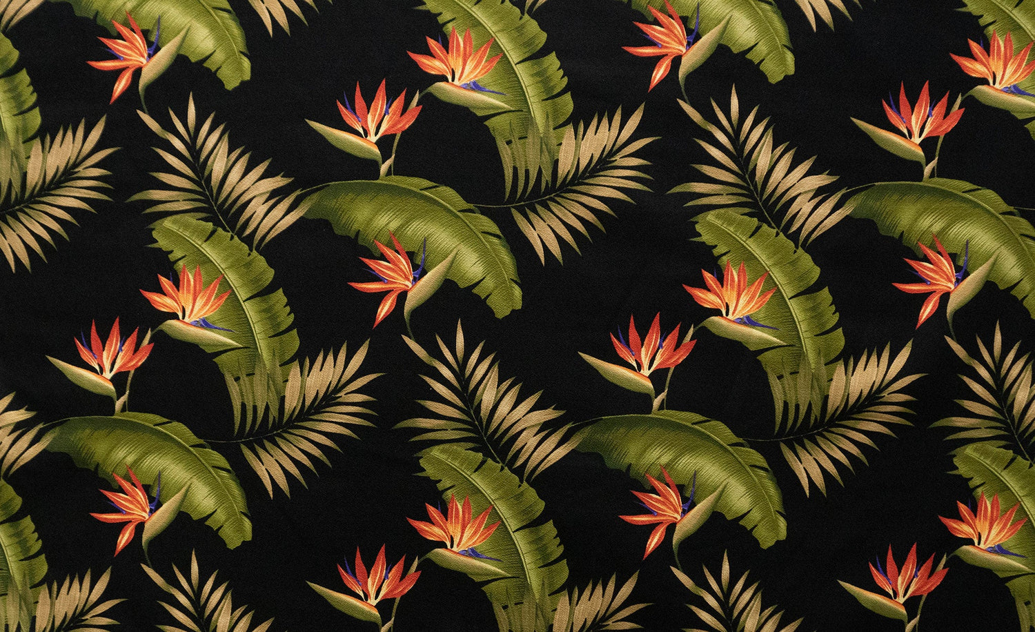 Plumeria Palm Leaf With Bird Of Paradise Seeds Cotton Fabric - Black Tropical Botanical Print, 56"-58" Width (1 Yard)