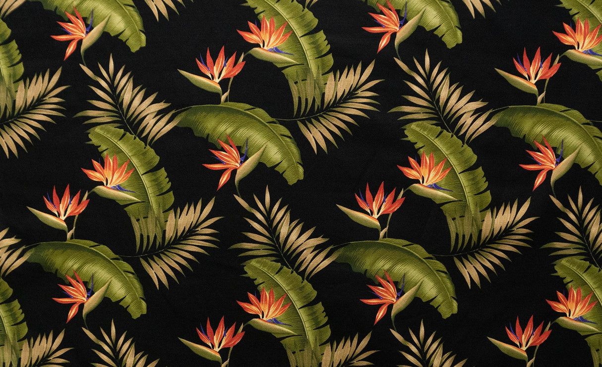 Plumeria Palm Leaf With Bird Of Paradise Seeds Cotton Barkcloth Fabric - Black Tropical Floral Print, 56"-58" Width (1 Yard)