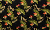 Plumeria Palm Leaf With Bird Of Paradise Seeds Cotton Barkcloth Fabric - Black Tropical Floral Print, 56"-58" Width (1 Yard)
