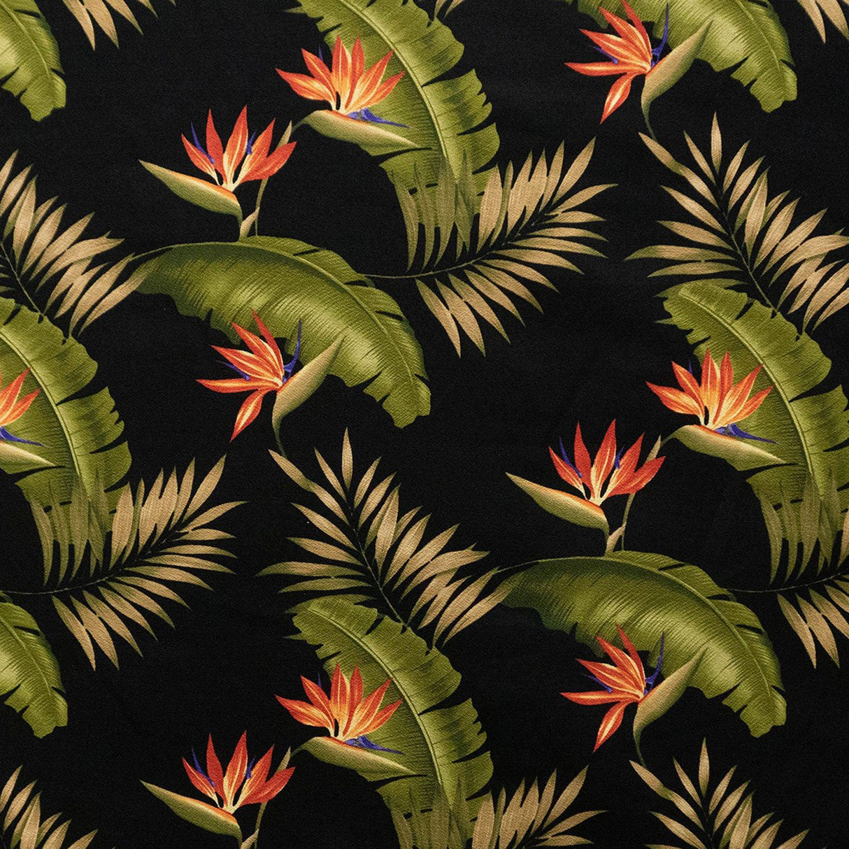 Plumeria Palm Leaf With Bird Of Paradise Seeds Cotton Barkcloth Fabric - Black Tropical Floral Print, 56"-58" Width (1 Yard)