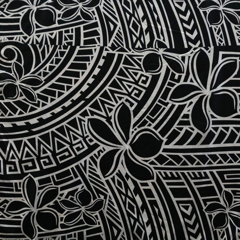 Plumeria Tribal Design Peachskin Fabric - Polynesian Hibiscus And Plumeria Floral Border Print, 44/45" Width (1 Yard)