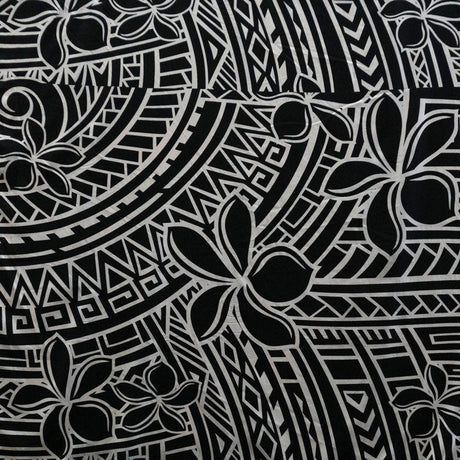 Plumeria Tribal Design Peachskin Fabric - Polynesian Hibiscus And Plumeria Floral Border Print, 44/45" Width (1 Yard)