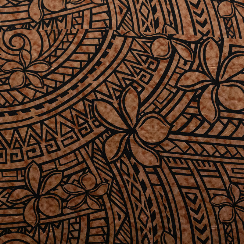 Plumeria Tribal Design Peachskin Fabric - Polynesian Hibiscus And Plumeria Floral Border Print, 44/45" Width (1 Yard)