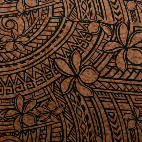 Plumeria Tribal Design Peachskin Fabric - Polynesian Hibiscus And Plumeria Floral Border Print, 44/45" Width (1 Yard)
