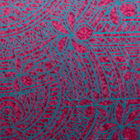 Plumeria Tribal Design Peachskin Fabric - Polynesian Hibiscus And Plumeria Floral Border Print, 44/45" Width (1 Yard)