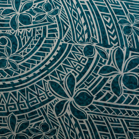 Plumeria Tribal Design Peachskin Fabric - Polynesian Hibiscus And Plumeria Floral Border Print, 44/45" Width (1 Yard)