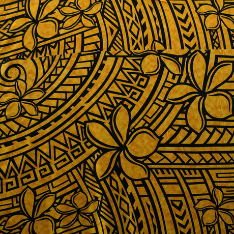 Plumeria Tribal Design Peachskin Fabric - Polynesian Hibiscus And Plumeria Floral Border Print, 44/45" Width (1 Yard)