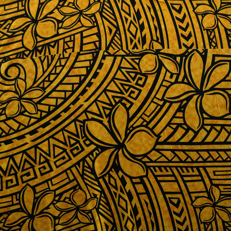 Plumeria Tribal Design Peachskin Fabric - Polynesian Hibiscus And Plumeria Floral Tribal Print, 44/45" Width (1 Yard)