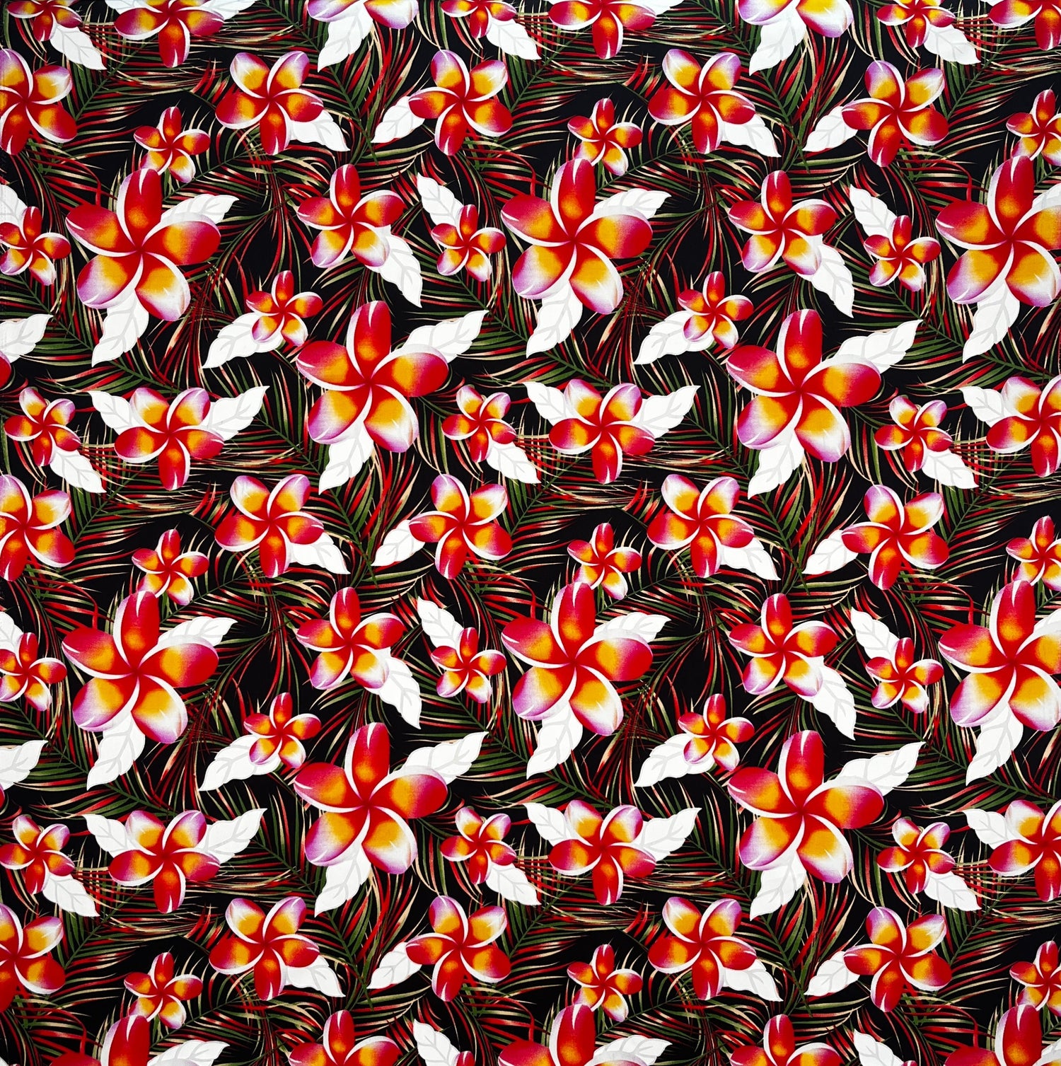 Plumeria Tropical Leaves Print Rayon Poplin Fabric - Red/Orange/Pink, 36" Width (1 Yard)