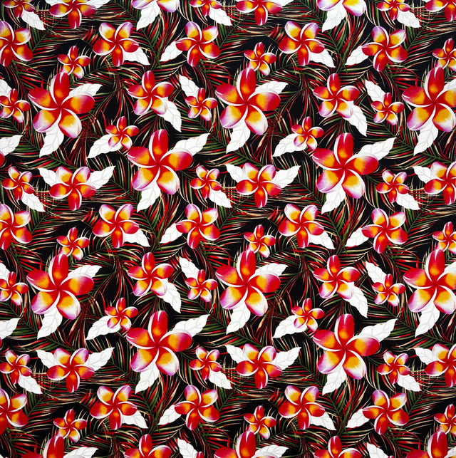 Plumeria Tropical Leaves Print Rayon Poplin Fabric - Red/Orange/Pink, 36" Width (1 Yard)