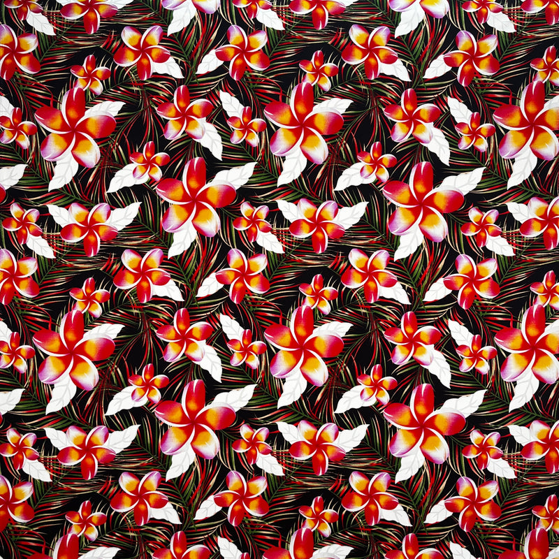 Plumeria Tropical Leaves Print Rayon Poplin Fabric - Red/Orange/Pink, 36" Width (1 Yard)