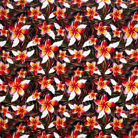 Plumeria Tropical Leaves Print Rayon Poplin Fabric - Red/Orange/Pink, 36" Width (1 Yard)
