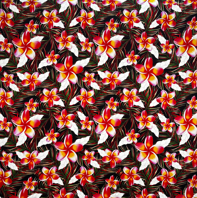 Plumeria Tropical Leaves Print Rayon Poplin Fabric - Red/Orange/Pink, 36" Width (1 Yard)