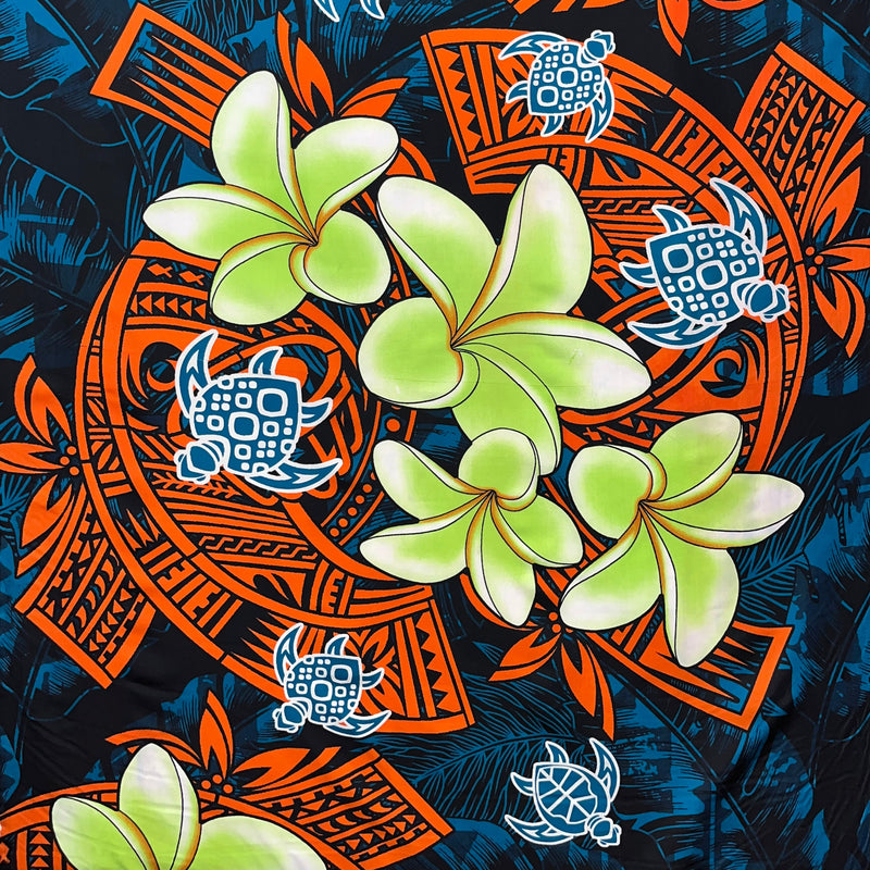Plumeria Turtles Traditional Tribal Design Peachskin Fabric - Tribal Polynesian Print, 44/45" Width (1 Yard)