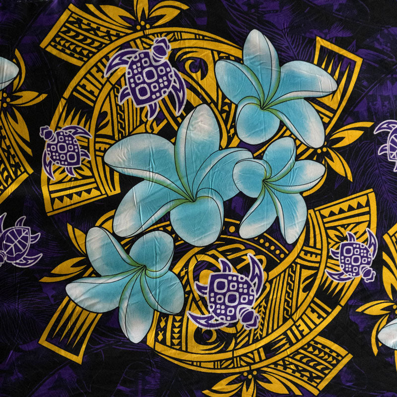 Plumeria Turtles Traditional Tribal Design Peachskin Fabric - Tribal Polynesian Print, 44/45" Width (1 Yard)