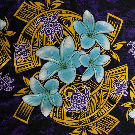 Plumeria Turtles Traditional Tribal Design Peachskin Fabric - Polynesian Hibiscus, Plumeria, Sea Turtle Print, 44/45" Width (1 Yard)