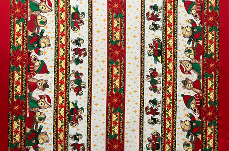 Poinsettia Bears Polyester Fabric - Christmas Bears, Poinsettia Stripe, 60" Width (1 Yard)