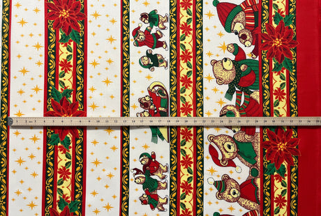 Poinsettia Bears Polyester Fabric - Christmas Bears, Poinsettia Stripe, 60" Width (1 Yard)