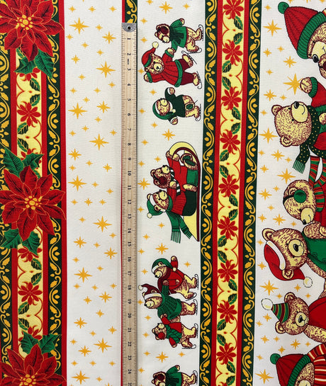 Poinsettia Bears Polyester Fabric - Christmas Bears, Poinsettia Stripe, 60" Width (1 Yard)