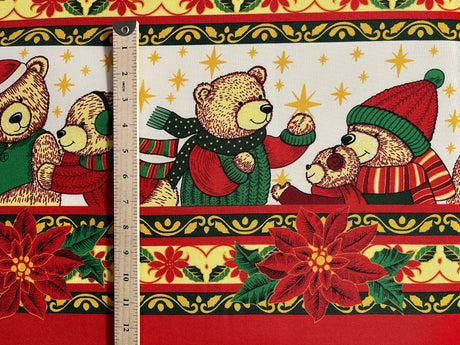 Poinsettia Bears Polyester Fabric - Christmas Bears, Poinsettia Stripe, 60" Width (1 Yard)