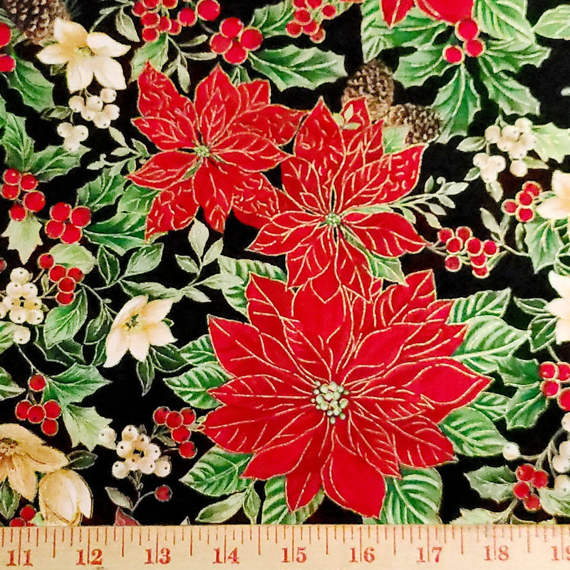 Quilting Cotton Poinsettia Medallion Metallic Christmas Fabric