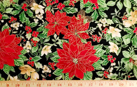 Quilting Cotton Poinsettia Medallion Metallic Christmas Fabric