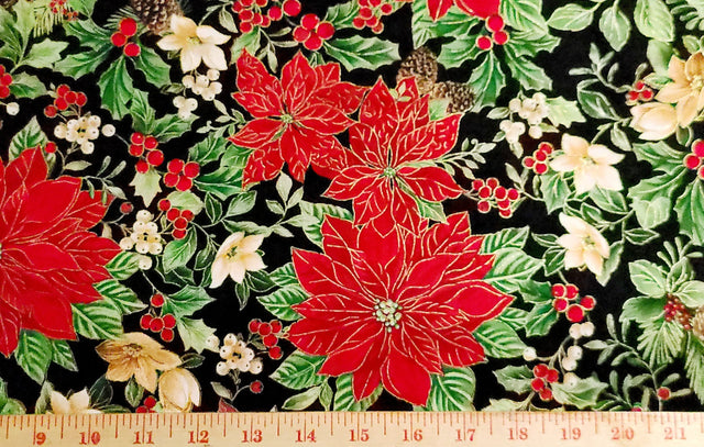 Quilting Cotton Poinsettia Medallion Metallic Christmas Fabric