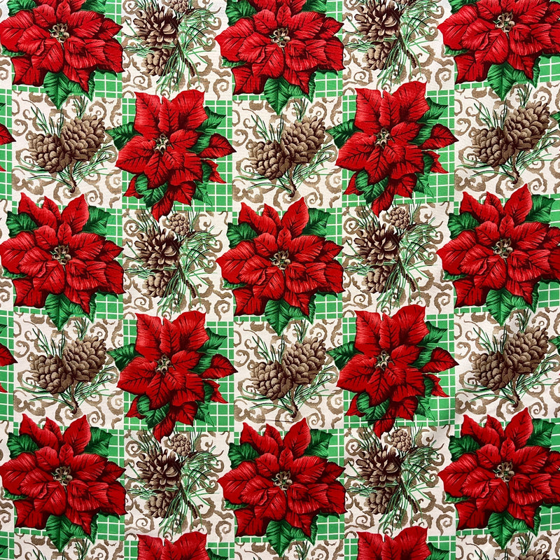Poinsettia Pine Holiday Plaid Polyester Fabric - Red Poinsettias, Pinecones, Green Plaid, 58" Width (1 Yard)