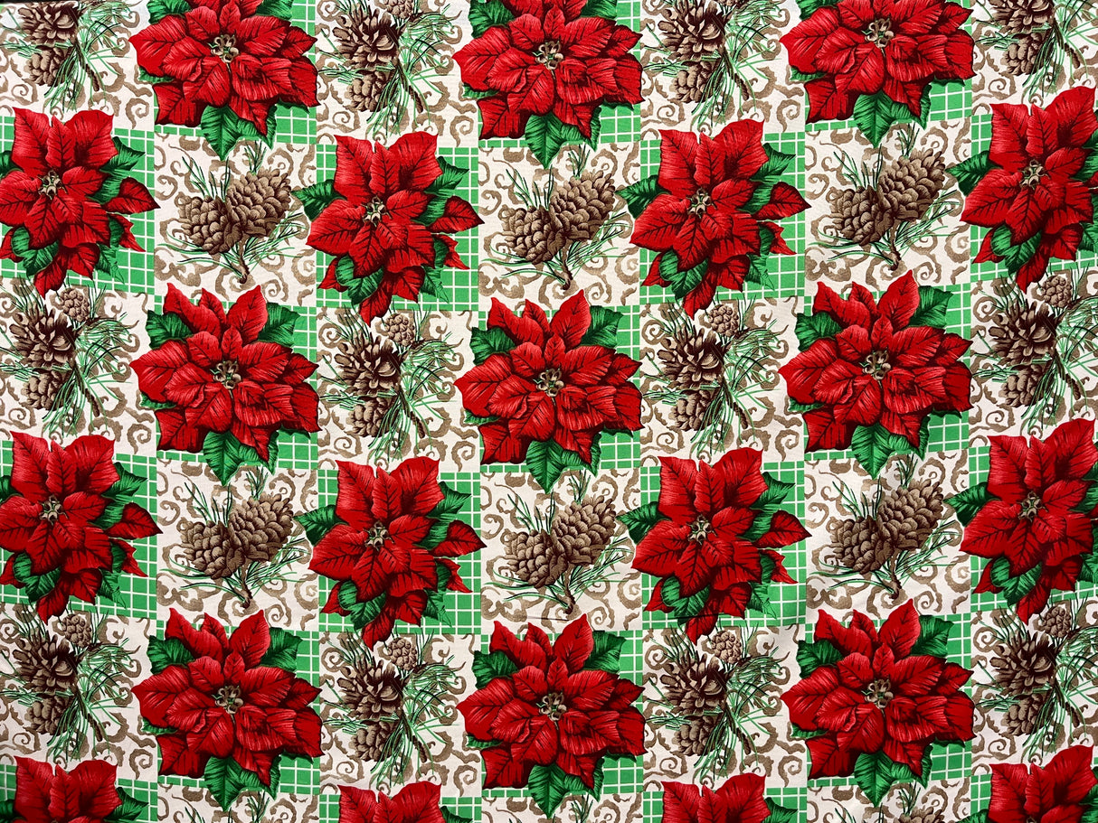 Poinsettia Pine Holiday Plaid Polyester Fabric - Red Poinsettias, Pinecones, Green Plaid, 58" Width (1 Yard)