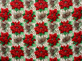 Poinsettia Pine Holiday Plaid Polyester Fabric - Red Poinsettias, Pinecones, Green Plaid, 58" Width (1 Yard)